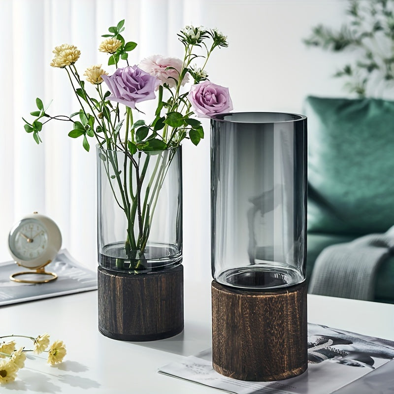 Jarrón de Vidrio Elegante con Base de Madera - Perfecto para Decoración de Sala y Comedor, Regalo Ideal para Amigos y Familia