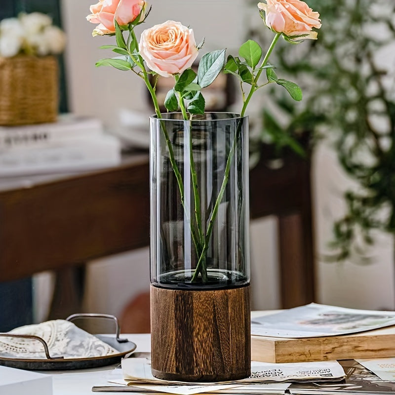 Jarrón de Vidrio Elegante con Base de Madera - Perfecto para Decoración de Sala y Comedor, Regalo Ideal para Amigos y Familia