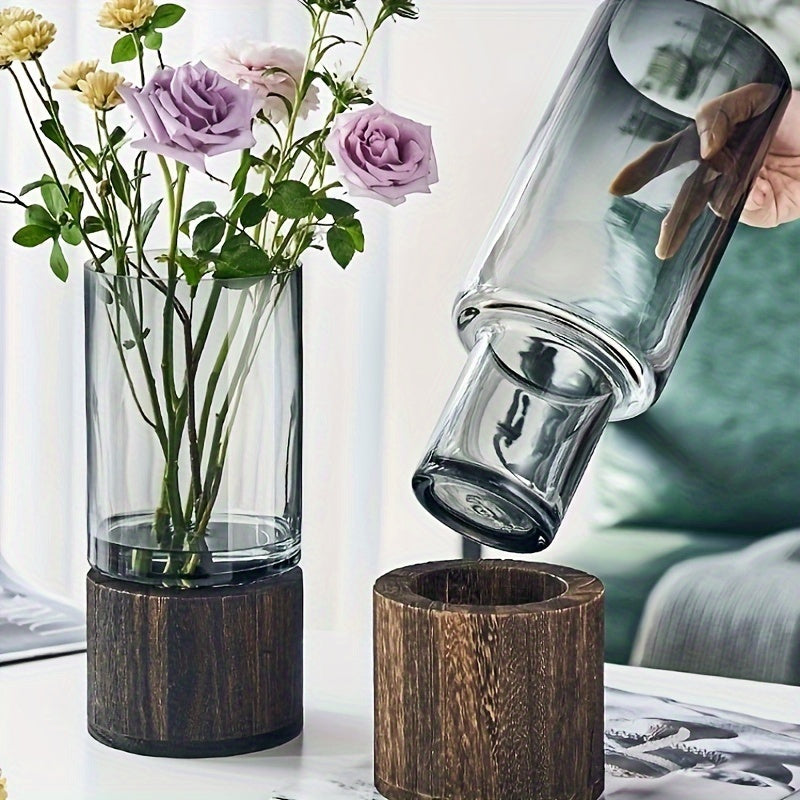 Jarrón de Vidrio Elegante con Base de Madera - Perfecto para Decoración de Sala y Comedor, Regalo Ideal para Amigos y Familia