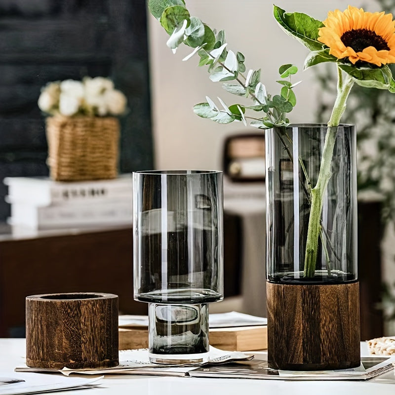 Jarrón de Vidrio Elegante con Base de Madera - Perfecto para Decoración de Sala y Comedor, Regalo Ideal para Amigos y Familia