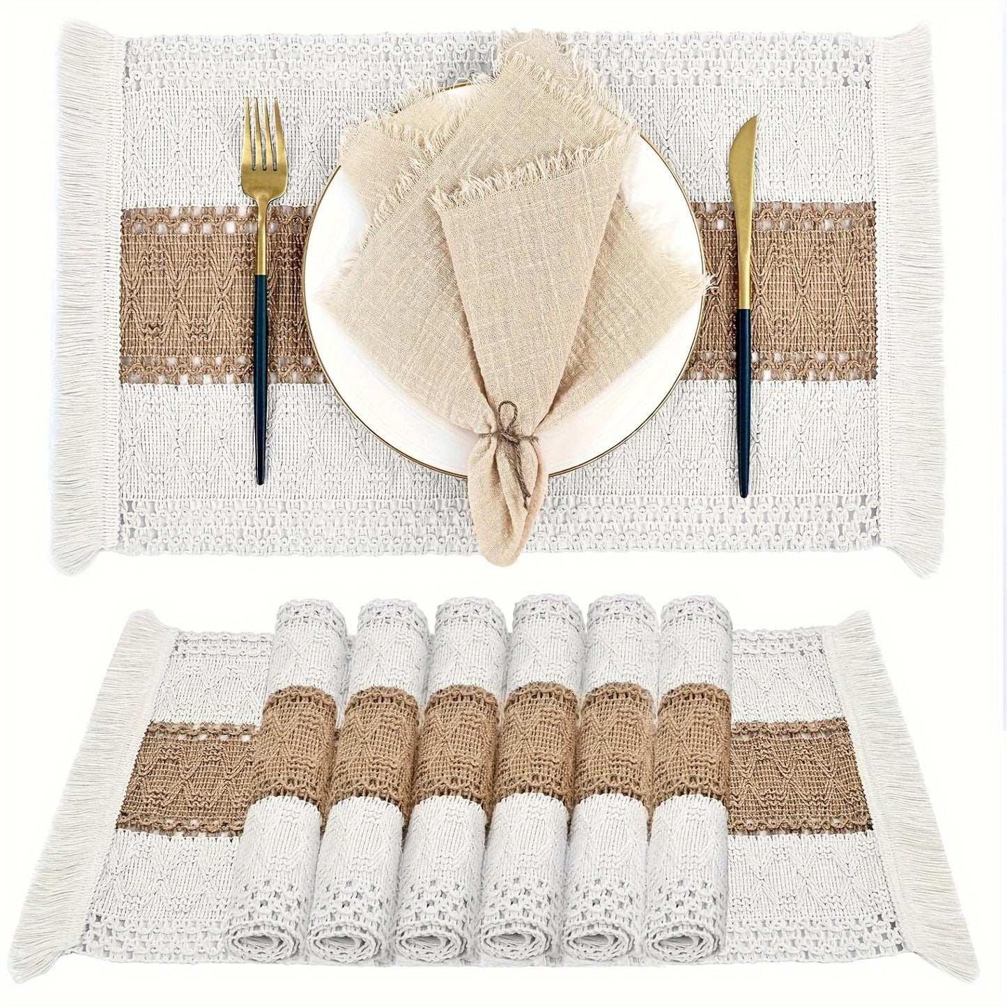 Set de Manteles Rectangulares Boho Chic - Diseño Rústico de Yute y Algodón con Rayas, Ideales para Decoración y Fiestas