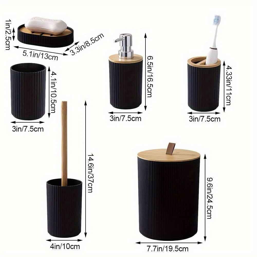 Set de Accesorios para Baño (6 Piezas) con Tapa de Bambú – Elegante y Funcional
