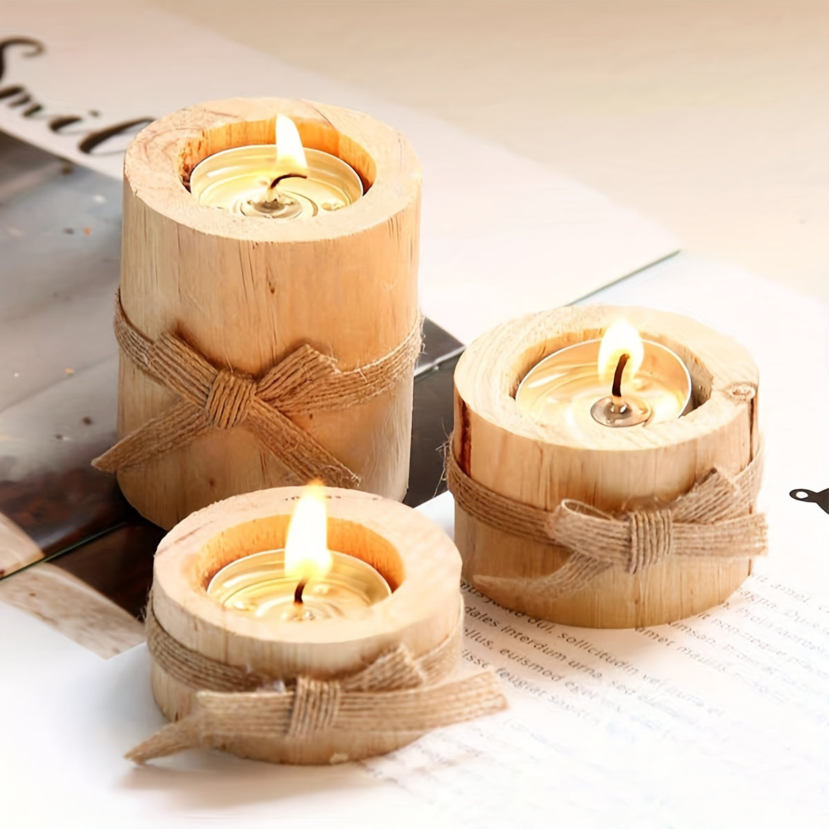 Set de 3 Candelabros Cilíndricos de Madera Artesanales, Soportes para Velas de Cera, Decoración Creativa para el Hogar, Hechos a Mano, Portavelas de Pino
