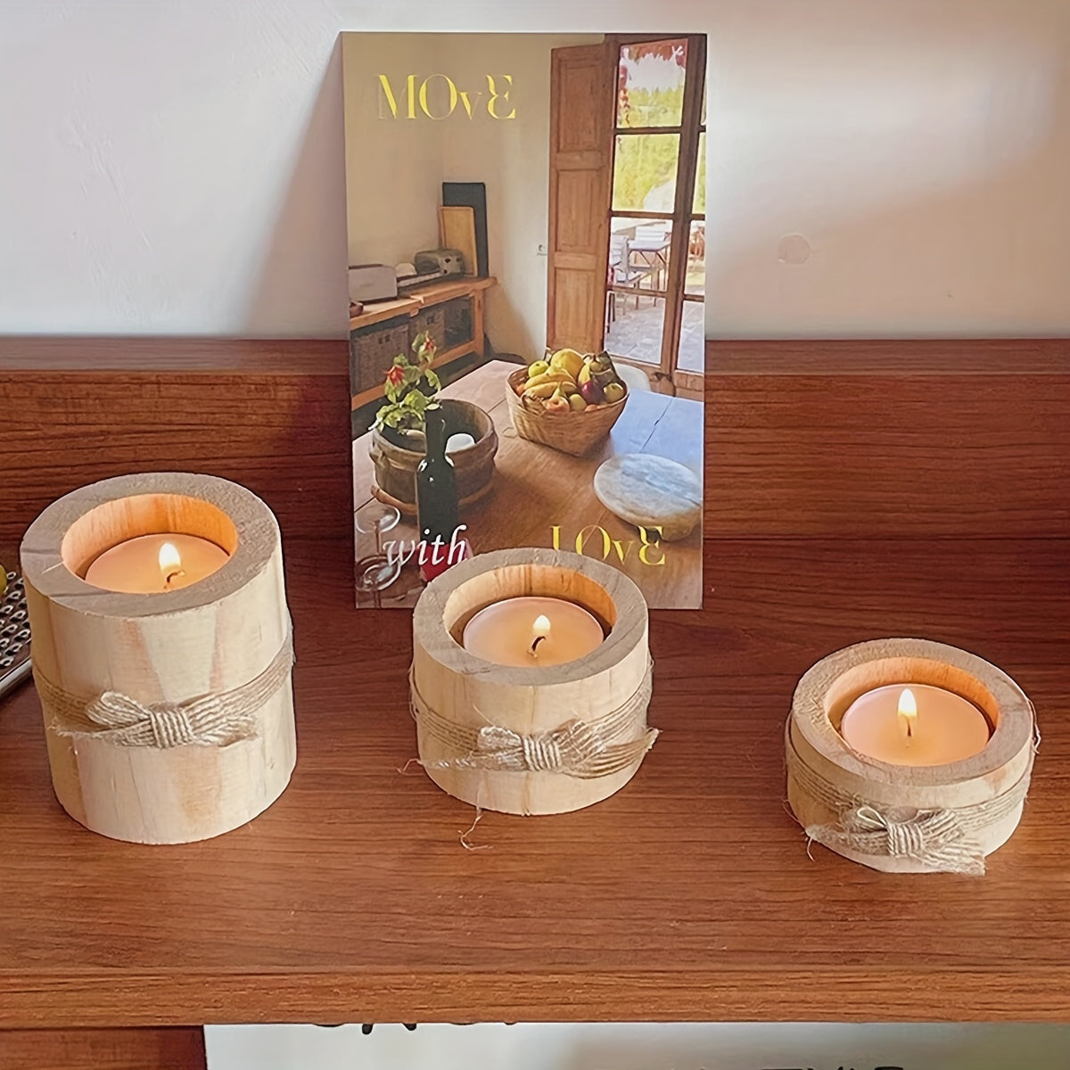 Set de 3 Candelabros Cilíndricos de Madera Artesanales, Soportes para Velas de Cera, Decoración Creativa para el Hogar, Hechos a Mano, Portavelas de Pino