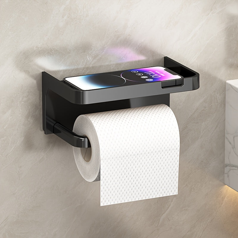 Portarrollos de Papel Higiénico Autoadhesivo con Soporte para Teléfono, Instalación sin Taladro, Organizador de Baño con Acabado Pulido