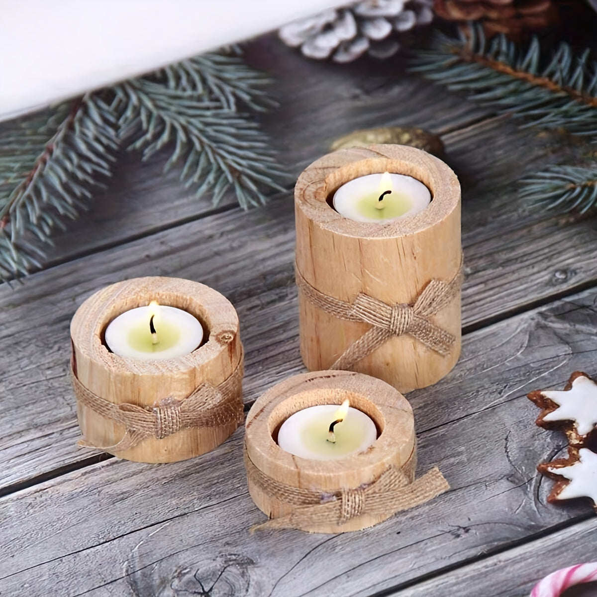 Set de 3 Candelabros Cilíndricos de Madera Artesanales, Soportes para Velas de Cera, Decoración Creativa para el Hogar, Hechos a Mano, Portavelas de Pino