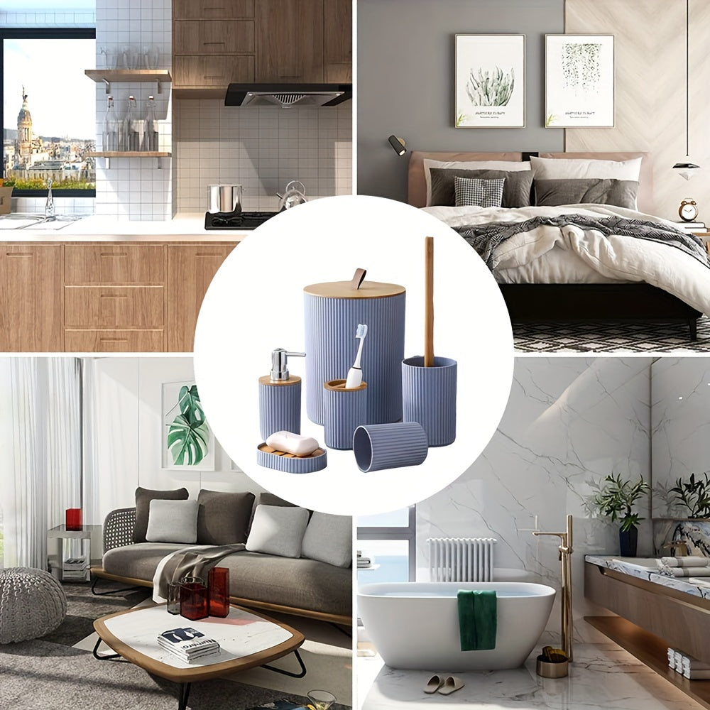 Set de Accesorios para Baño (6 Piezas) con Tapa de Bambú – Elegante y Funcional