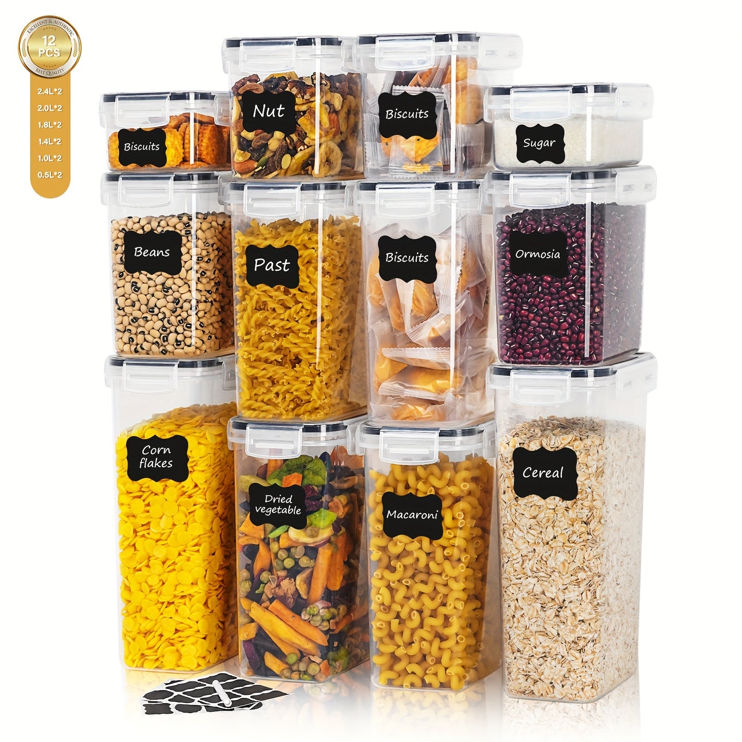 Set de 12/24 Contenedores Herméticos BPA-Free - Multi-Tamaño, Transparentes y Apilables, Incluyen Etiquetas y Marcador, Organización de Cocina y Despensa