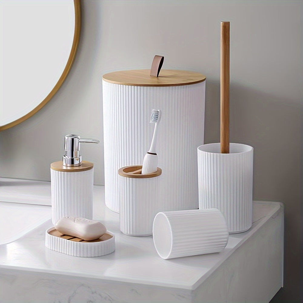 Set de Accesorios para Baño (6 Piezas) con Tapa de Bambú – Elegante y Funcional