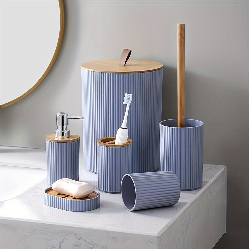 Set de Accesorios para Baño (6 Piezas) con Tapa de Bambú – Elegante y Funcional