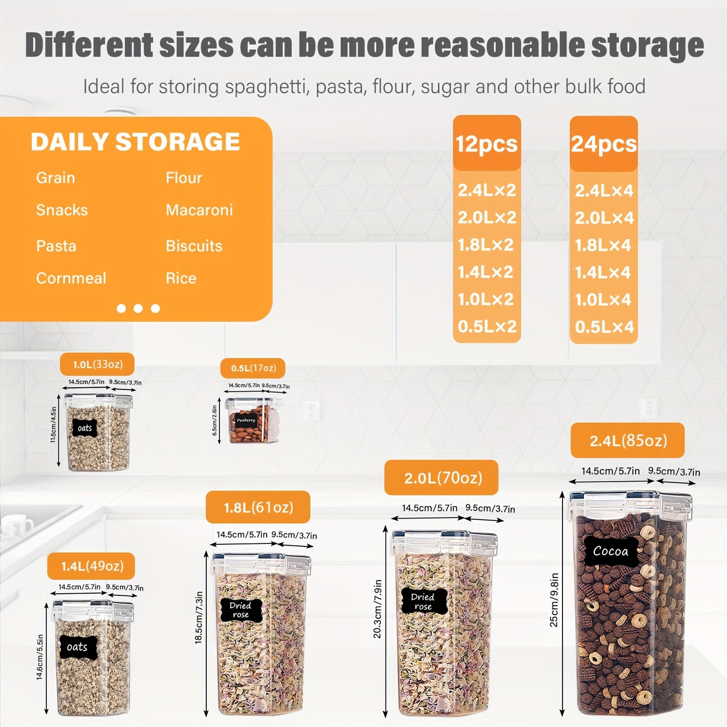 Set de 12/24 Contenedores Herméticos BPA-Free - Multi-Tamaño, Transparentes y Apilables, Incluyen Etiquetas y Marcador, Organización de Cocina y Despensa