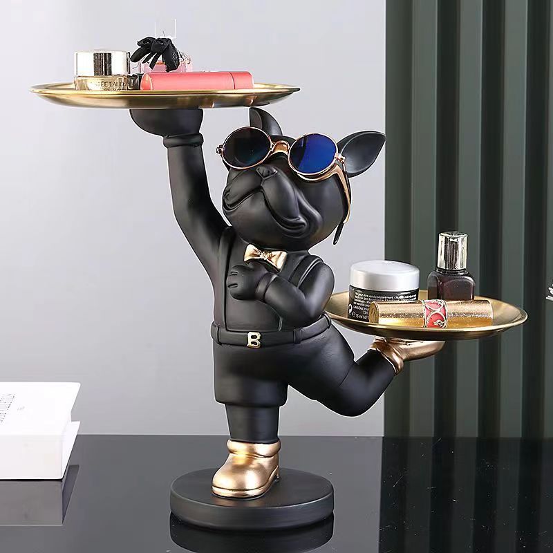 Figura de Bulldog con Bandeja - Perfecta para Llaves, Cartera, Joyería y Teléfonos | Sostiene Frutas y Bocadillos | Regalo Ideal de Decoración para el Hogar