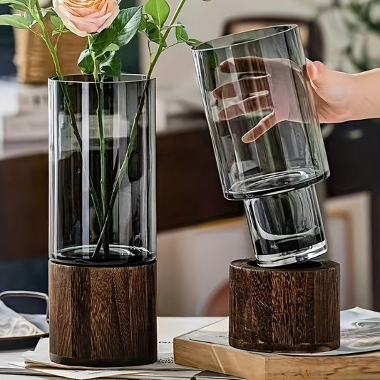 Jarrón de Vidrio Elegante con Base de Madera - Perfecto para Decoración de Sala y Comedor, Regalo Ideal para Amigos y Familia