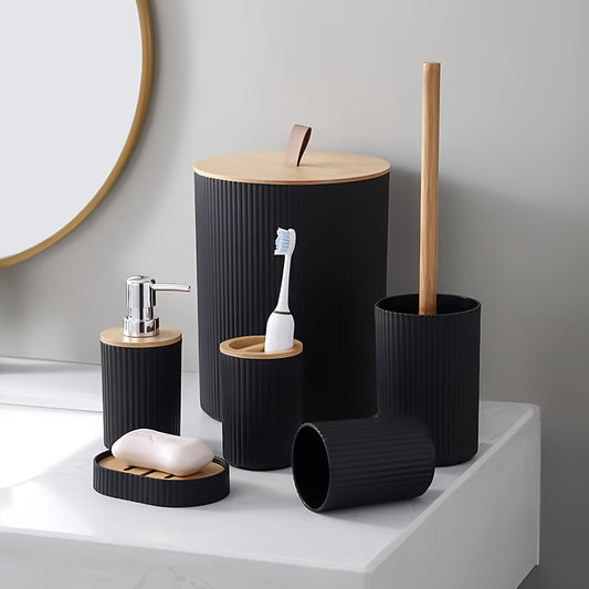 Set de Accesorios para Baño (6 Piezas) con Tapa de Bambú – Elegante y Funcional