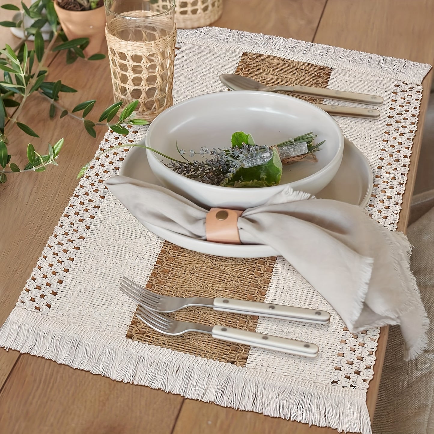 Set de Manteles Rectangulares Boho Chic - Diseño Rústico de Yute y Algodón con Rayas, Ideales para Decoración y Fiestas