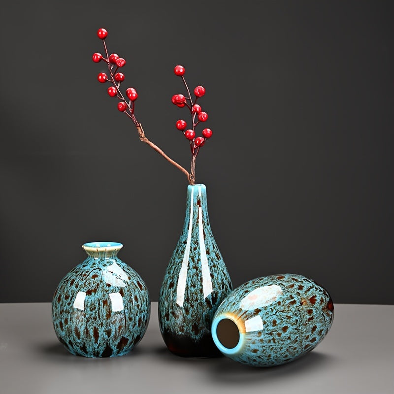 Set de 3 Mini Jarrones Cerámicos Azules - Acabado Mate, Decoración Boho Moderna, Vases de Centro de Mesa Únicos para el Hogar