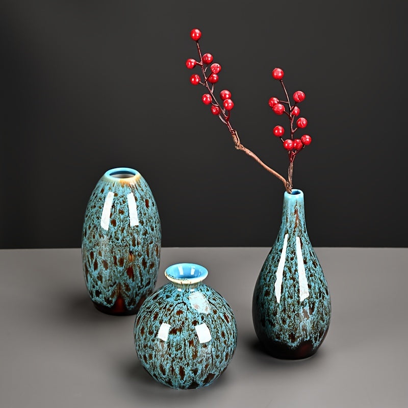 Set de 3 Mini Jarrones Cerámicos Azules - Acabado Mate, Decoración Boho Moderna, Vases de Centro de Mesa Únicos para el Hogar