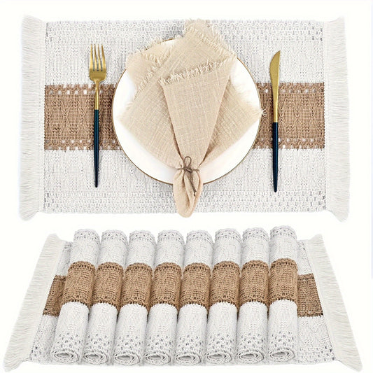 Set de Manteles Rectangulares Boho Chic - Diseño Rústico de Yute y Algodón con Rayas, Ideales para Decoración y Fiestas