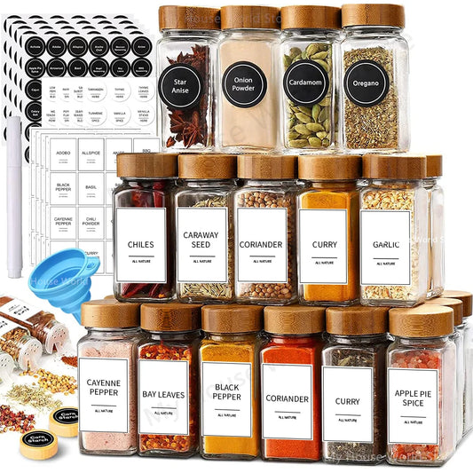 13 frascos de vidrio para especias con tapas de bambú, frascos de 4oz para condimentos, set organizador para especiero, almacenamiento para botellas