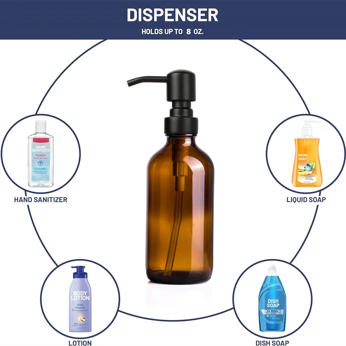 Dispensador de jabón líquido de vidrio ámbar para baño, set de 2 piezas 250ml, ideal para jabón de manos y loción