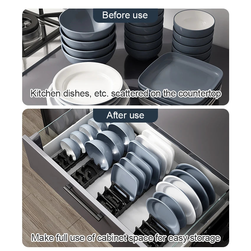 Organizador de almacenamiento bajo gabinete para platos y tazones, soporte ajustable para cocina, estante retráctil ideal para fregaderos y encimeras.