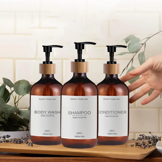 Dispensador de Champú y Acondicionador de 500ml con Bomba - Pack de 3 Botellas para Baño