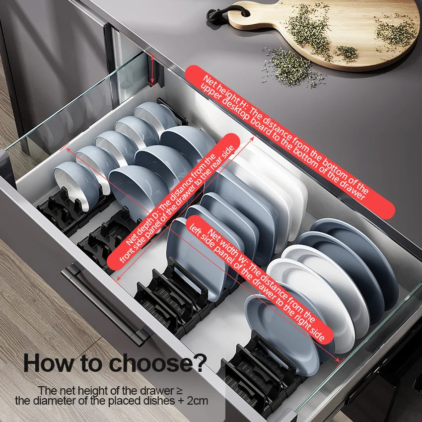 Organizador de almacenamiento bajo gabinete para platos y tazones, soporte ajustable para cocina, estante retráctil ideal para fregaderos y encimeras.