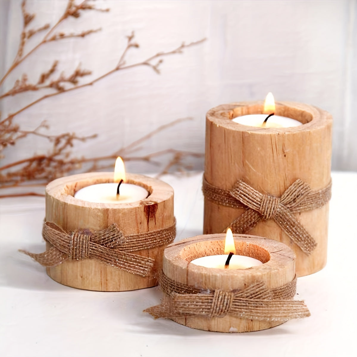 Set de 3 Candelabros Cilíndricos de Madera Artesanales, Soportes para Velas de Cera, Decoración Creativa para el Hogar, Hechos a Mano, Portavelas de Pino