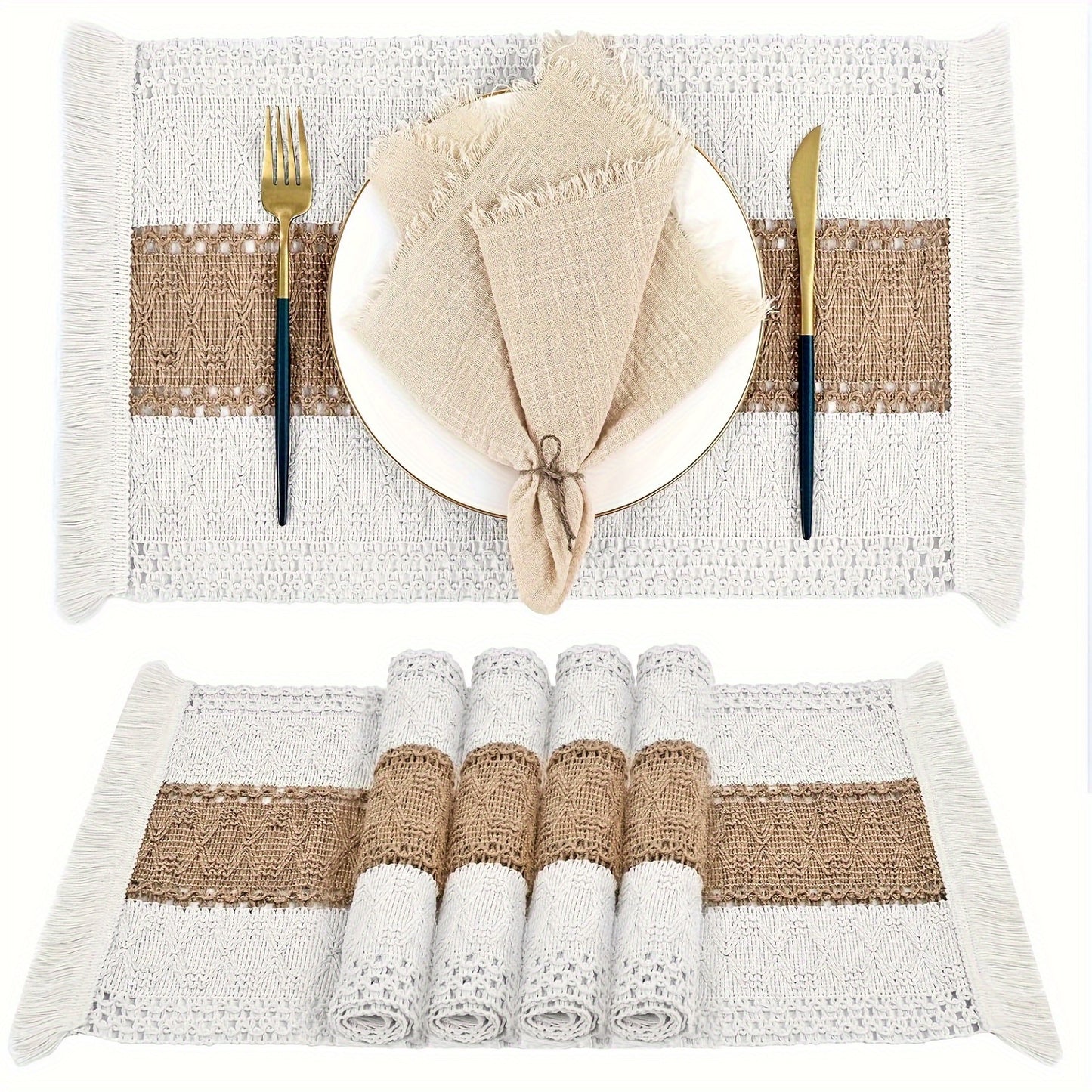 Set de Manteles Rectangulares Boho Chic - Diseño Rústico de Yute y Algodón con Rayas, Ideales para Decoración y Fiestas