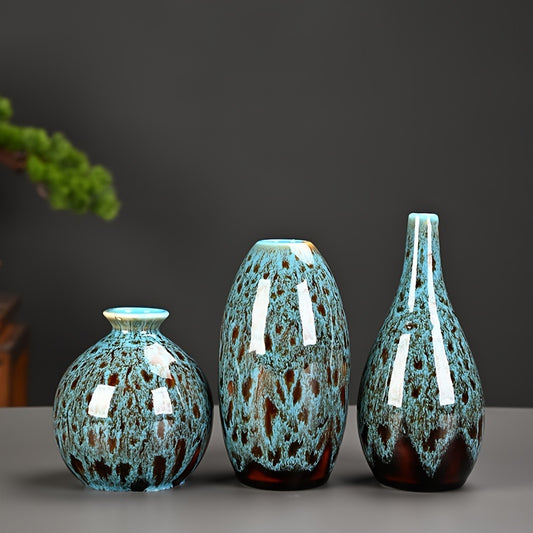Set de 3 Mini Jarrones Cerámicos Azules - Acabado Mate, Decoración Boho Moderna, Vases de Centro de Mesa Únicos para el Hogar