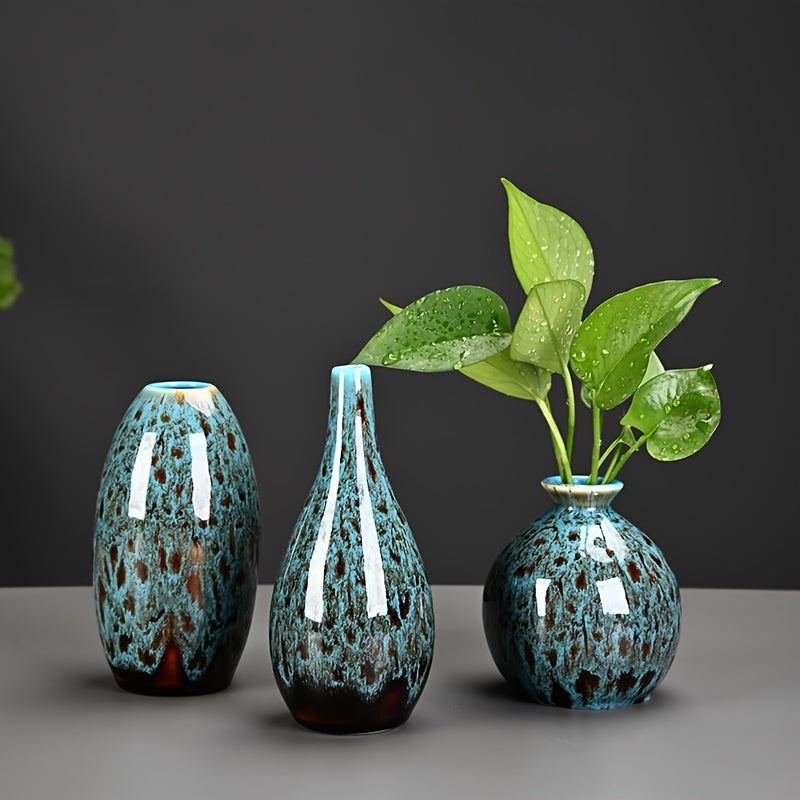 Set de 3 Mini Jarrones Cerámicos Azules - Acabado Mate, Decoración Boho Moderna, Vases de Centro de Mesa Únicos para el Hogar
