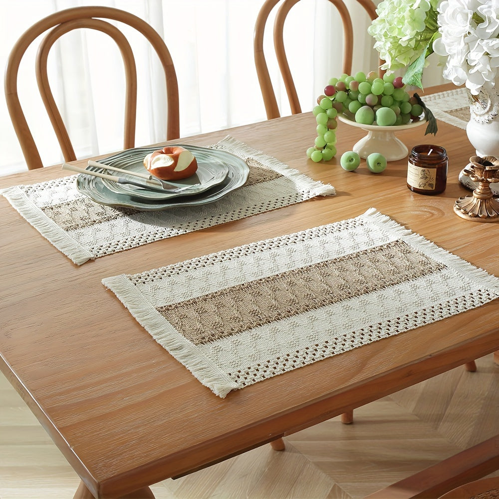 Set de Manteles Rectangulares Boho Chic - Diseño Rústico de Yute y Algodón con Rayas, Ideales para Decoración y Fiestas