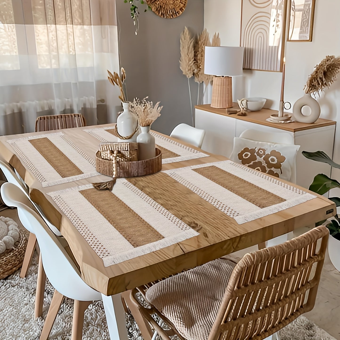 Set de Manteles Rectangulares Boho Chic - Diseño Rústico de Yute y Algodón con Rayas, Ideales para Decoración y Fiestas
